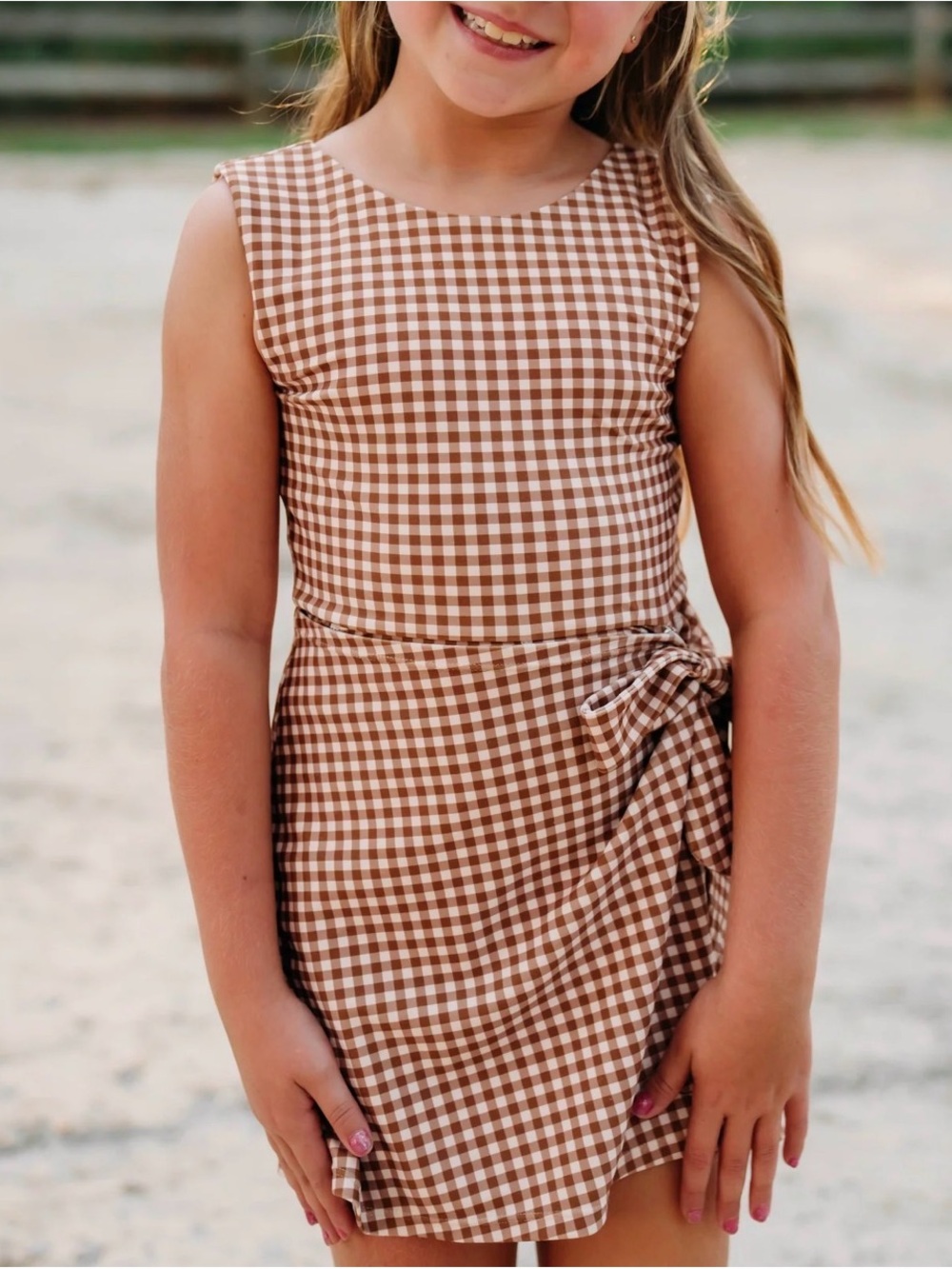 Girls Brown Gingham Tie-Waist Casual Dress